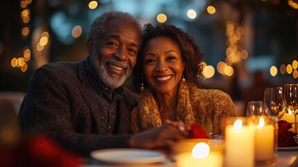 Joyful evening: smiling couple enjoying romantic candlelit dinner outdoors
