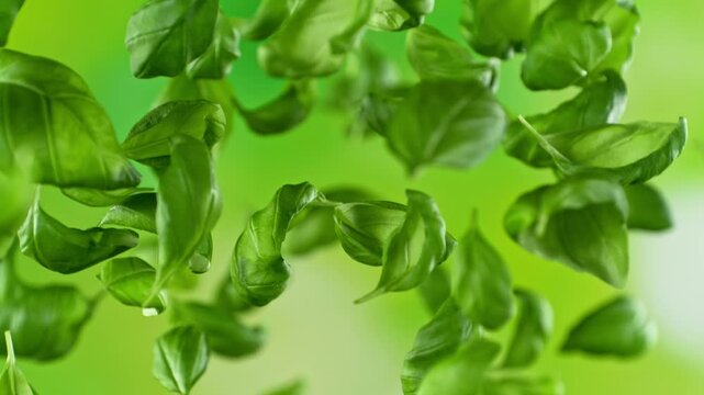 Super slow motion of flying fresh basil leaves after harvest with camera movement. Filmed on high speed cinema camera, 1000 fps.