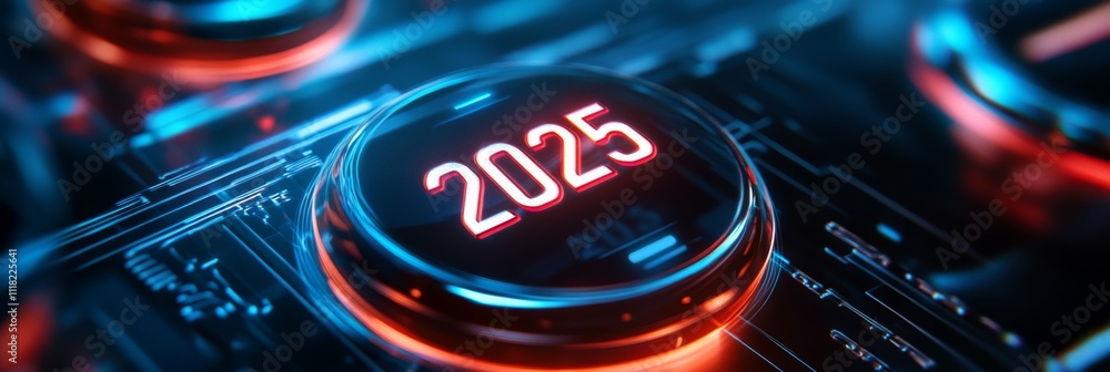 Poster futuristic digital interface showing the year 2025 a glowing neon display of technological advanceme