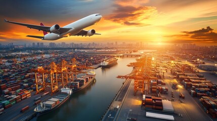 International Transportation Hub Cargo Sea Port, Shipping Cranes, and Airplane Taking Off at Sunset