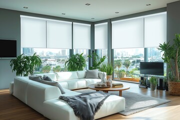Fototapeta premium Modern living room with white roller shades on large windows offering city views. Stylish white sectional sofa, houseplants add touch of elegance, comfort. Round coffee table with decorations sits in