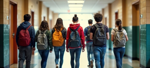High school students walk in hallway talking. Carry backpacks. Students diverse. Back view. School scene. Headed to classrooms. Education, youth lifestyle. School day in action. Active learning