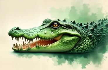 Fototapeta premium Close-up of stylized crocodile head. Bright green color. Open mouth sharp teeth. Strong jawline. Green background suggests tropical wild environment. Artistic illustration style. Great for logo
