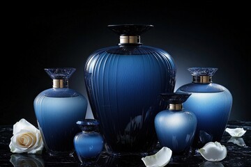 Obraz premium Elegant blue perfume bottles with white rose petals on dark background