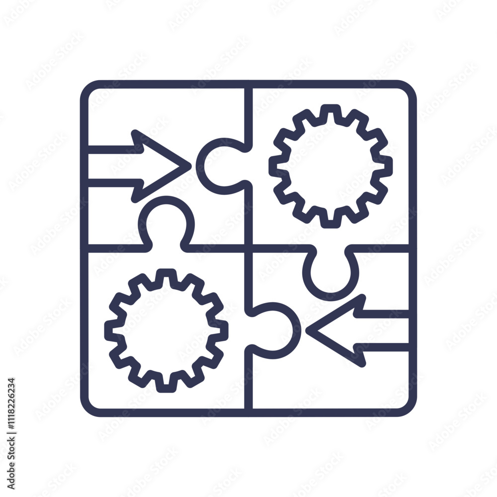Poster puzzle pieces with gears and arrows symbolize integration and fit.