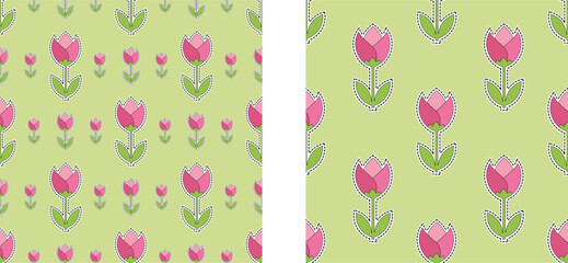 Set of two seamless patterns with tulip stickers.