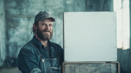 mechanic in overalls smiles confidently while standing next to blank canvas, showcasing relaxed and approachable demeanor in rustic workshop setting