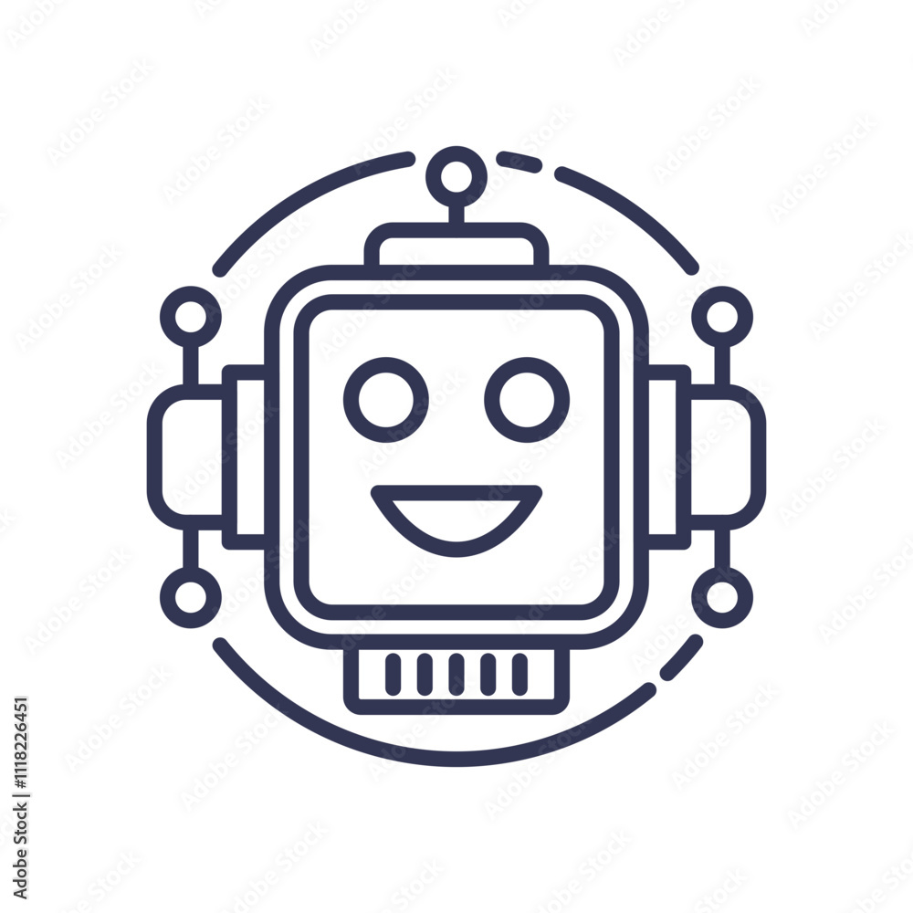 Poster line art of a smiling robot head symbolizing friendly ai.