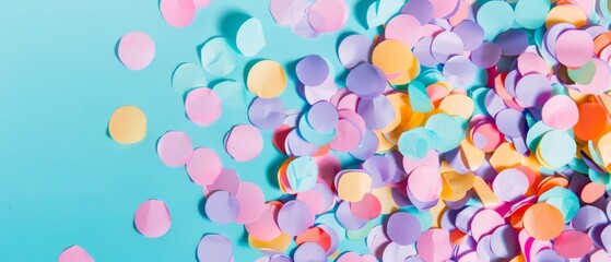 A colorful cascade of confetti contrasts vividly against a cyan blue backdrop, celebrating joy and festivity with a dynamic splash of shapes and hues.