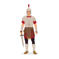 Vector illustration of a Roman legionnaire. Cartoon scene of a Roman warrior in military armor: helmet, red shirt,pants, belt with leather stripes,shoes holding a sword isolated on white background.