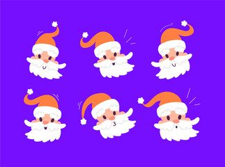 Christmas Santa Claus vector icons, cartoon head character, red Santa hat, New year cute collection, holiday winter illustration on blue background