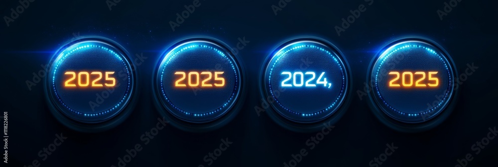 Poster futuristic digital countdown to 2024 and 2025: neon year transition interface