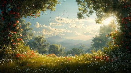 Fototapeta premium Enchanting Meadow with Wildflowers and Sunlight Filtering Through Trees in a Serene Mountain Landscape
