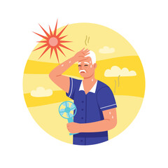 Vector illustration of an elderly man suffering from heatstroke. Cartoon scene of grandfather with gray hair, mustache wiping drops of sweat, holding fan, hot summer sun isolated on white background.
