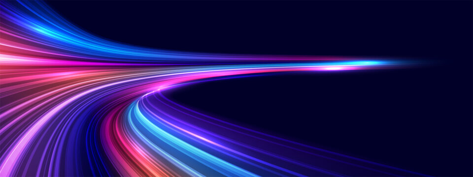 Modern abstract high speed movement with dynamic motion light trails, speed effect on dark blue background. Futuristic digital technology concept. Pattern for banner. Vector EPS10.