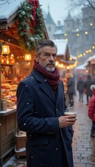 Obraz premium Man in Coat Holding Coffee at Snowy Christmas Market