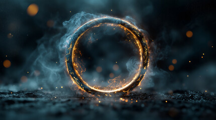 Mystical glowing ring with smoke and sparks, fantasy energy portal, futuristic magic circle, abstract technology design, atmospheric light effects, digital art concept