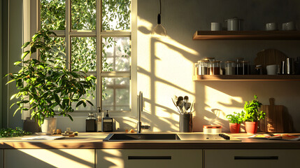 Sunlight streams through the window creating warm patterns in a kitchen filled with greenery and culinary tools
