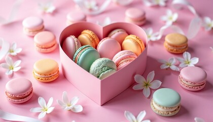 Obraz premium Heart-shaped macaron box with pastel flowers on pink