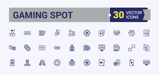 Gaming Spot icon set. Includes icons for color, bandit, watermelon, coin, gamble, vegas, fruit, bet. Set of line pictogram. Editable vector outline and solid icons.