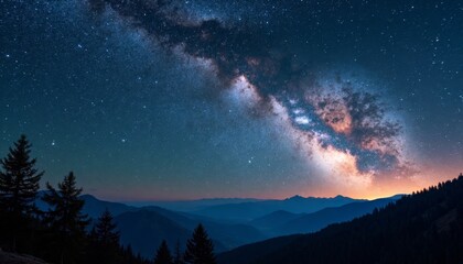 Fototapeta premium Majestic Night Sky with Milky Way Galaxy Over Mountain Landscape