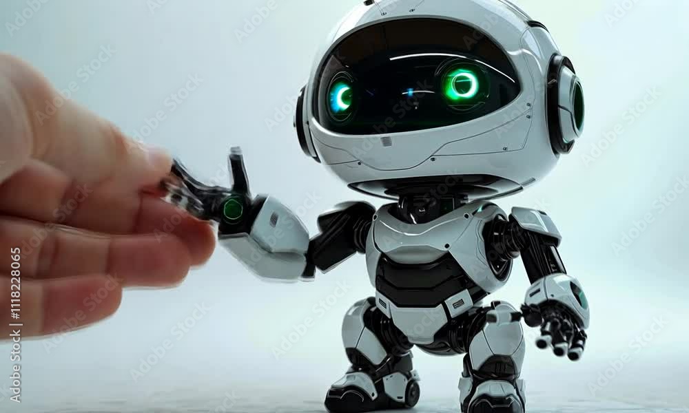 Poster friendly white robot extending hand.