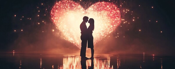 Romantic Couple Under Heart Shaped Fireworks on Magical Valentine s Day Proposal