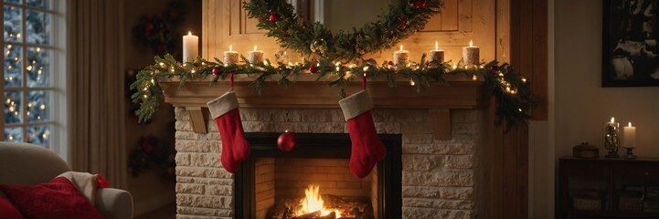 Red Santa Claus hat and sock hanging under christmas tree in the house	