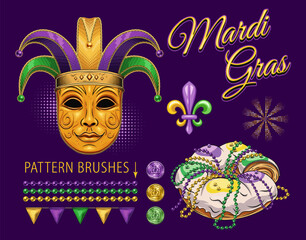 Collection of design elements for Mardi Gras holiday with golden venetian mask in jester holiday hat, king cake, bead strings, holiday trinket, bling, text. Clip art in vintage style.