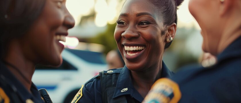 Three police officers share a joyful moment, one beaming brightly, evoking camaraderie and shared happiness on a busy street.