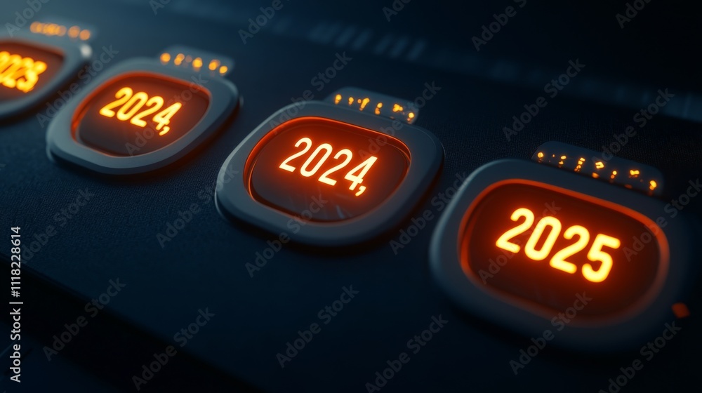 Poster futuristic digital calendar interface showing 2024 and 2025 new year countdown buttons