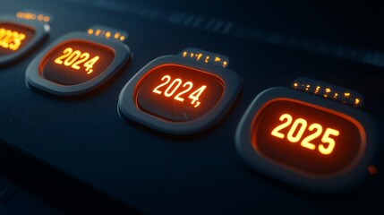 Futuristic Digital Calendar Interface Showing 2024 and 2025 New Year Countdown Buttons