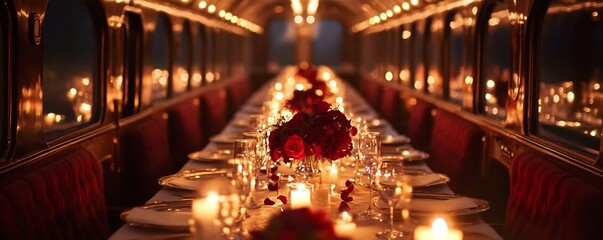 Obraz premium Luxury Train Dinner Setup with Panoramic Views Candles and Vintage Elegance for Valentine s Journey