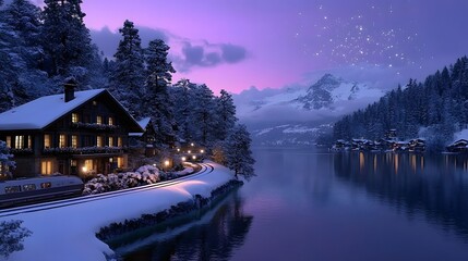 Fototapeta premium Scenic Winter Village Lakeside Train Snowscape at Dusk