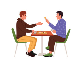 Vector illustration Monopoly board game. Cartoon scene of two boys sitting at a table and playing a board game with a square field, dice, chips, toy money isolated on a white background.Economic game.