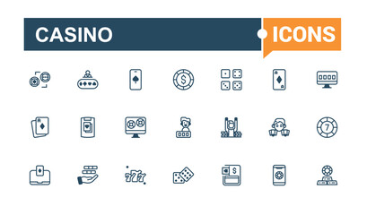 Casino icon set. Contains related to bright, pictogram, las vegas, prize, gold, light and more. Outline symbol collection. Outline and solid pictogram.