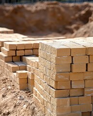 Stacked bricks in a construction site, ready for building use.