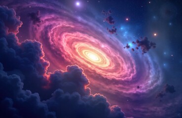 Colorful nebula galaxy in outer space. Bright stars, purple blue cosmos clouds visible. Spiral galaxy with glowing center surrounded by swirling pink purple nebular clouds. Abstract illustration of