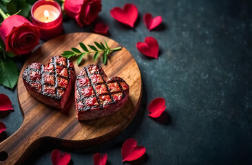 Heart-shaped steaks on a wooden board, romantic Valentines day dinner with empty space