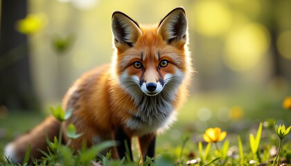 Obraz premium Red fox in a vibrant forest setting with blooming flowers