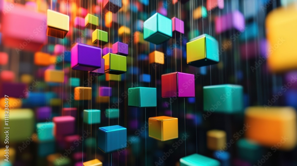 Poster multicolored blocks hover gracefully in a dark space, creating a captivating visual effect. this arr