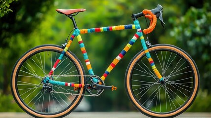 Fototapeta premium A vibrant, colorful bicycle with a unique design, featuring a mix of bright patterns and a natural background of greenery.
