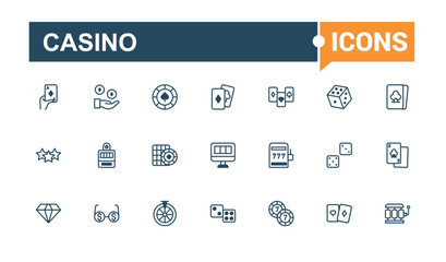 Casino icon set. Contains related to bright, pictogram, las vegas, prize, gold, light and more. Outline symbol collection. Outline and solid pictogram.