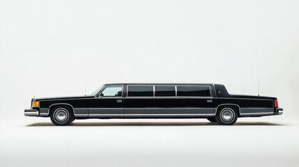 Sleek black vintage limousine parked against a white background, showcasing its classic design and elegant curves.