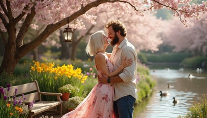 Naklejka premium Romantic couple embracing near blooming cherry blossoms and ducks