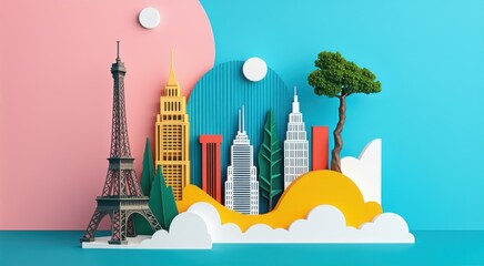 Fototapeta premium Paper cut of a city with a tower, space for text, travel