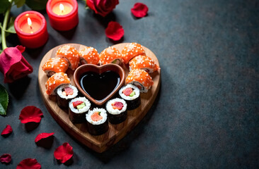 Valentines Day Heart-Shaped Sushi Rolls with Soy Sauce and Roses