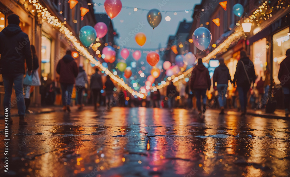 Aufkleber group of people walking down a street with a lot of balloons. the balloons are in different colors a