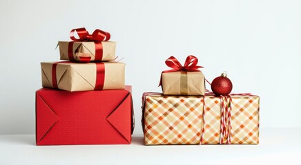 Obraz premium Boxes with presents on them sitting on a table, space for text