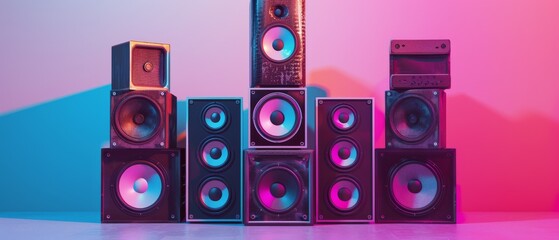 Cluster of retro speakers against a colorful backdrop exudes a sense of rhythmic vibrancy and music...